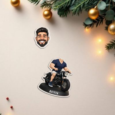 Personalized Bobblehead Caricature on Motorcycle with Custom Name Stand, Cartoon Character Figurine Desk Decor Battery Powered Moving Head Feature
